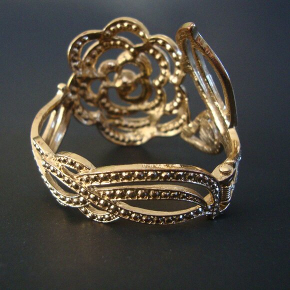 Vintage Gold Tone Clear Crystal Gemstone Hinged Cuff Bracelet - Picture 4 of 9